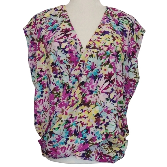Cabi 5211 Eden Floral Watercolor Cap Sleeve Surplice Neck Draped Blouse Colorful - Picture 1 of 8